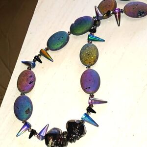 Rainbow druzy geode agate crystal necklace with glass skulls & spikes OAK